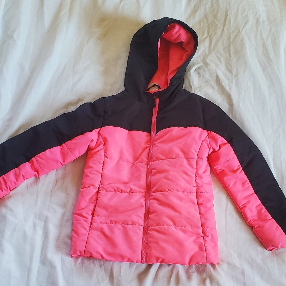 Super Pink Hooded Puffer Winter Jacket Sz 6/6X Fleece Hood Lining 100% Polyester